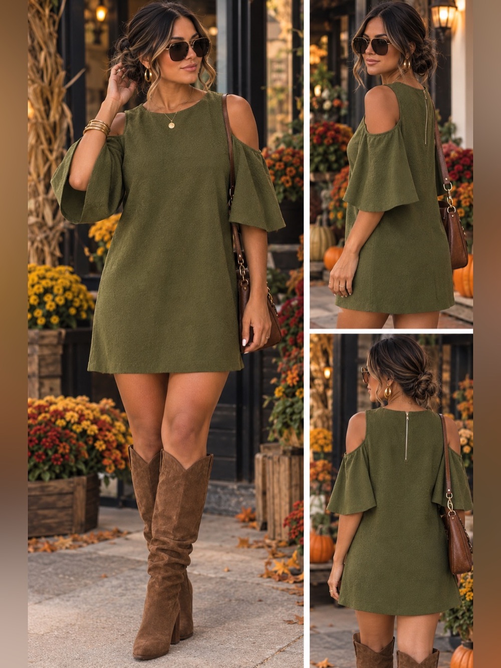 Cold-Shoulder Olive Green Shift Dress